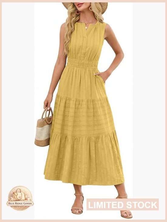 Dresses & Skirts - Summer Maxi Dress V Neck Sleeveless Elastic Waist Midi Dress with Pockets
